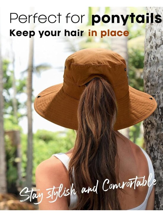 〽️Women Brown Ponytail UPF 80+ Wide Brim Packable Cowboy Hat Beach Sun Hat